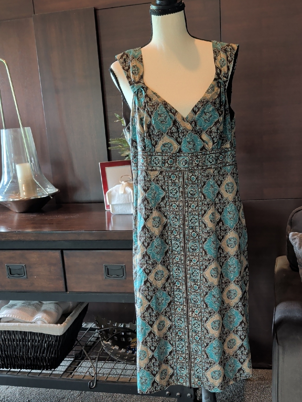 LOFT Teal and Beige Printed V-Neck Maxi Dress